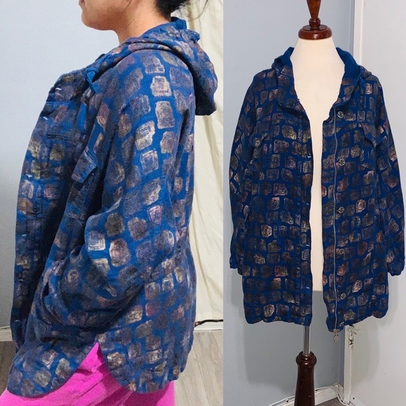 Alain Murati Studio Blue Gold Oversized 100% Linen Shacket with Hoodie Size M - Picture 13 of 14